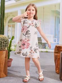 SHEIN Young Girl Floral Print Round Neck Ruffle Cap Sleeve A-Line Woven Dress - White - View 6