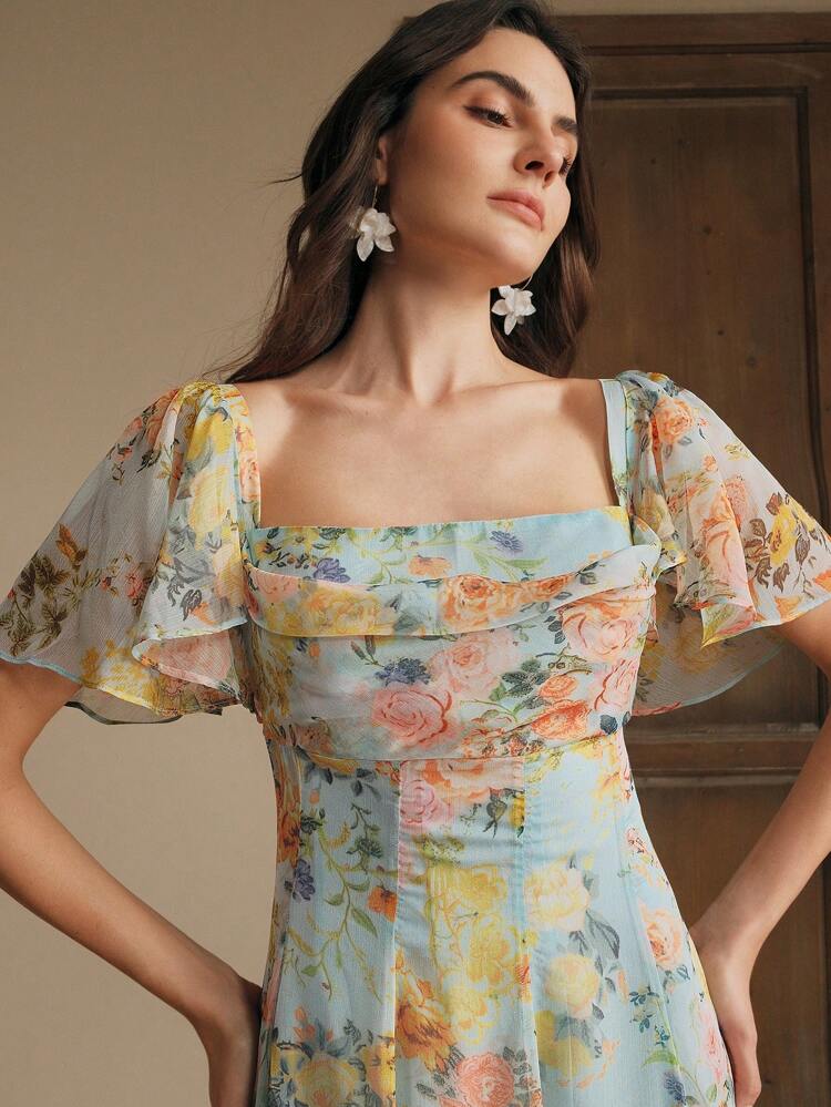 Floral Elegant Easter Vacation Brunch Outfit Women's Printed Flowy Floral Dress, Elegant Casual Tea Dress