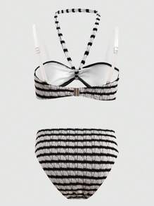 SHEIN Conjunto de bikini de cuello de halter con textura de rayas para niñas preadolescentes