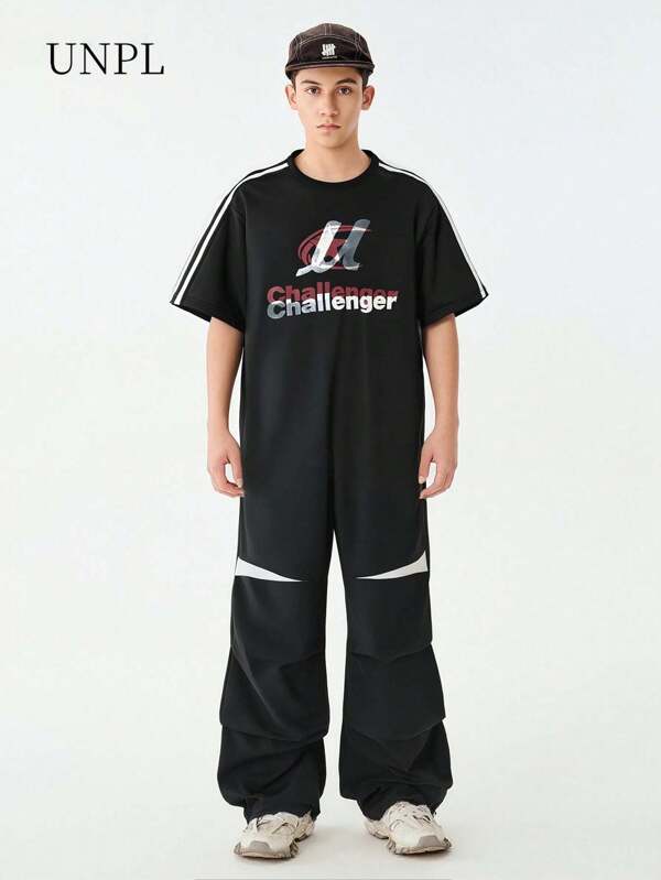 SHEIN 2pcs/Set Teen Boy Letter Print Round Neck Short Sleeve T-Shirt And Wide Leg Pants
