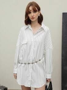 EMERY ROSE Robe-chemise ample à rayures avec épaules tombantes et poches, été - Blanc - Voir 1