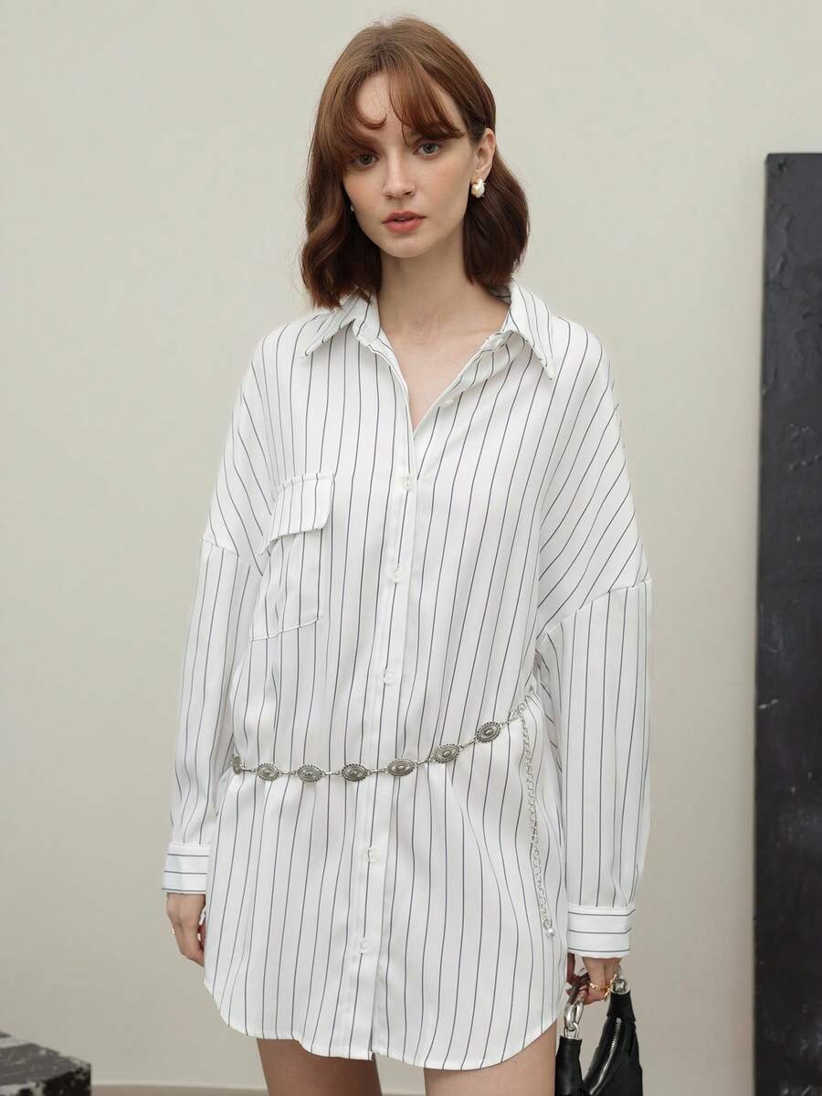 EMERY ROSE Robe-chemise ample à rayures avec épaules tombantes et poches, été - Blanc - Voir 1