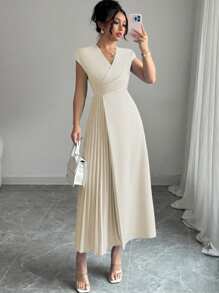 Elenzga Đầm Maxi trễ vai xếp ly bên phải, đơn giản, thanh lịch, đi làm, công sở, đi nghỉ, trà chiều, màu trơn, cổ chữ V, eo, viền bèo, hở vai, mùa xuân/hè - Màu be - Xem 6