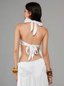 ROMWE Fairycore Faux Pearl & Chain Island Vacation Starfish Decor Halter Sleeveless Top For Women - White - View 2