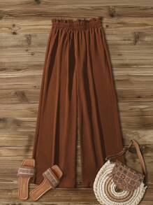 SHEIN PETITE بنطلون نسائي بقصة واسعة الساق مصمم بجيوب جانبية وخصر مطاطي مزين براشفة اللؤلؤ الأسود، مناسب للربيع والصيف