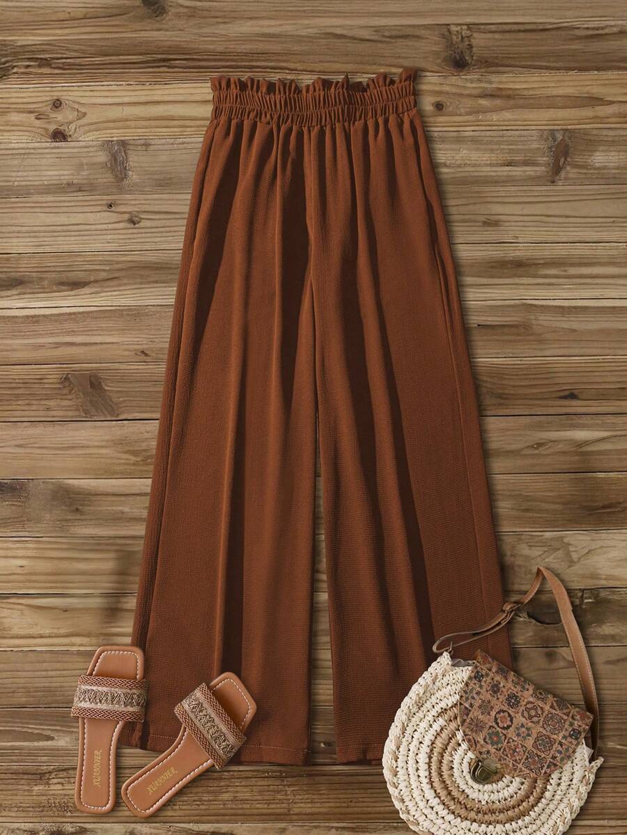 SHEIN PETITE بنطلون نسائي بقصة واسعة الساق مصمم بجيوب جانبية وخصر مطاطي مزين براشفة اللؤلؤ الأسود، مناسب للربيع والصيف