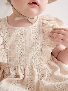 Cozy Pixies Baby Girl Jacquard Knitted Round Neck Ruffle Trim Waist Dress - Apricot - View 7