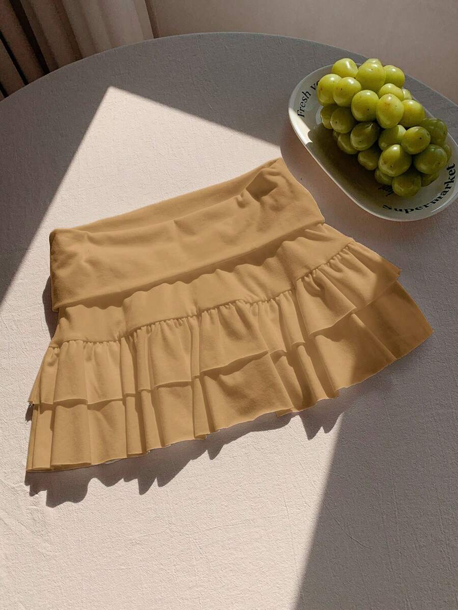 SHEIN Comfortcana 休闲纯色荷叶边下摆迷你裙，夏季 - 卡其色 - 查看 1