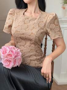 DAZY 优雅简约紧身泡泡袖女式衬衫，返校服装 - 卡其色 - 查看 4