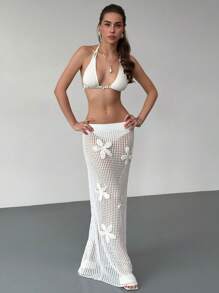 Aloruh Falda con decoración floral 3D y calada para mujer