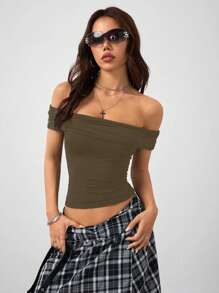 Coolane Áo trễ vai xếp ly thời trang Y2K cổ điển thập niên 90 cho nữ mùa xuân hè lễ hội âm nhạc tiệc tùng co giãn thoải mái nhún bèo màu đen bó sát - màu nâu - Xem 4