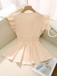 Flirla Áo cánh buộc nơ bèo nhún màu trơn thanh lịch cỡ lớn, dành cho nữ, mùa xuân và mùa hè - Màu vàng - Xem 2