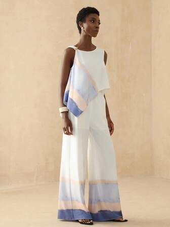 Vesra 1 Set Metallic Decor One-Shoulder Top + Fitted Pants