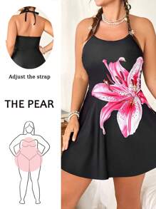 SHEIN Swim Curve 加大码 2 件女式花卉印花分体泳衣套装，含高腰三角裤，春夏时尚泳装