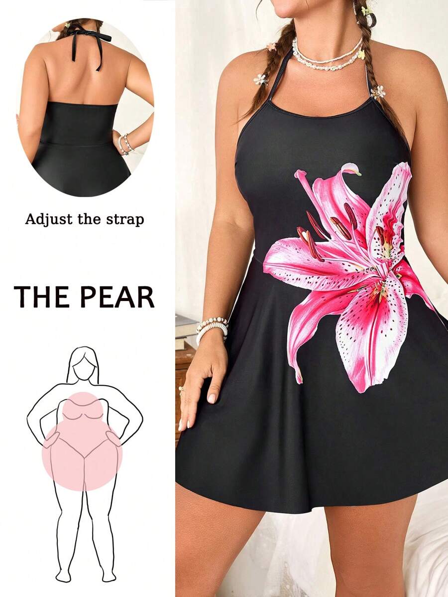 SHEIN Swim Curve 加大码 2 件女式花卉印花分体泳衣套装，含高腰三角裤，春夏时尚泳装