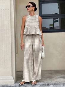 Siren Gaze 2025 年波西米亚风女装夏季套装：格子荷叶边下摆无袖露背上衣和阔腿裤套装 - 度假、节日、海滩度假休闲两件套，采用透气亚麻面料 - 灰色 - 查看 6