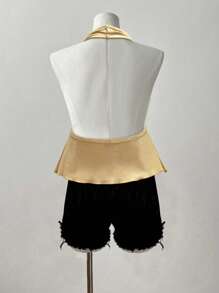 Flirla 大码女式背心，不对称下摆，纯色，无袖，夏季 - 金色 - 查看 2