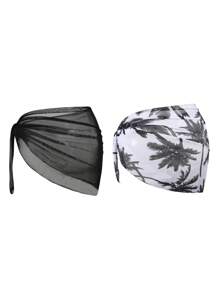 Sweetra 2pcs/Set Summer Mesh Floral Print Beach Vacation Sun Block Cover Up Skirt Set