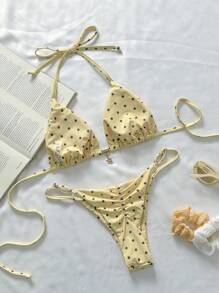 Elavelle Spring Break Women Polka Dot Random Print Metallic Decor Spaghetti Strap Sexy Bikini Beachwear Set For Ladies For Summer Beach Vacation