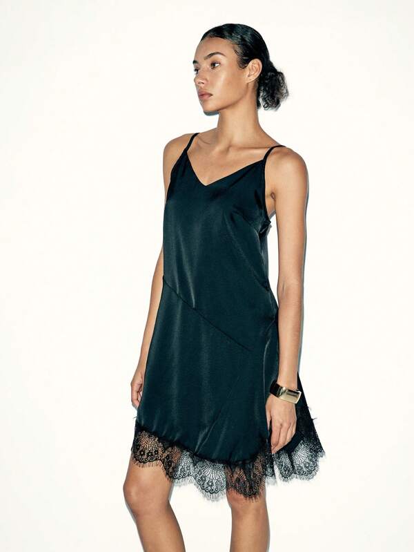 Lumivelle Lace Trim Ruched Asymmetric Hem Camisole Dress/Elegant Women Dress, Suitable For Date, Work, Casual Outing