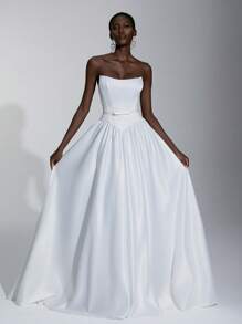 Elitara 优雅奢华的白色露肩连衣裙，配有蝴蝶结腰带和超大喇叭裙摆，带拖尾，适合婚礼、派对、蜜月 - 米色 - 查看 1