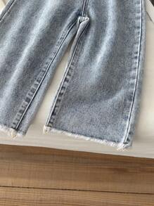 Genkimix Kids 年轻女孩休闲百搭日常百搭纽扣前部细节松紧腰毛边阔腿牛仔裤 - 淺色水洗藍 - 查看 4