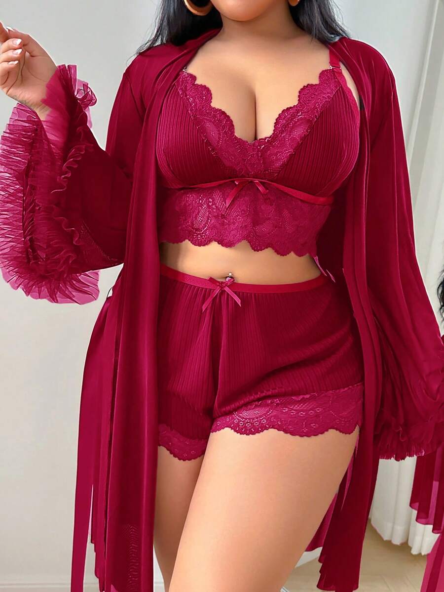SHEIN 3pcs Set: Lace Trim Camisole Shorts + 3D Floral Chiffon Kimono Robe, Plus Size - Burgundy - View 1