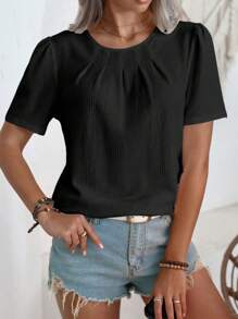 SHEIN LUNE 女士休闲纯色圆领短款泡泡袖褶皱衬衫，夏季