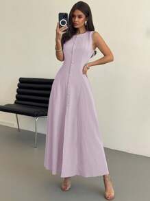 Firerie 全新夏季女式休闲通勤日常度假旅行蓝色无袖前扣 A 字中长连衣裙，优雅简约设计 - 紫色 - 查看 6