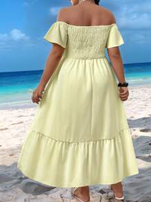 SHEIN Clasi Plus Size Solid Color Off The Shoulder Fashionable Summer Dress - Yellow - View 2