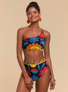 Travachic Women Floral Print Asymmetrical Neck Bra & Briefs Bikini Set - Multicolor - View 1