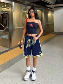 SHEIN EZwear Damskie sportowe spodenki z nadrukiem w kontrastowym kolorze, ściągaczem w pasie i siateczką, oddychające - Niebieski - Zobacz 3