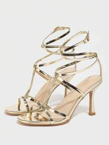 CUCCOO SZL Women's Shiny PU Leather Criss-Cross Buckle Strap Peep Toe Party Roman Style Thin High Heel Sandals For Christmas - Gold - View 4