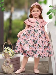 SHEIN 年轻女孩碎花彼得潘领紧身连衣裙假日服装 - 粉色 - 查看 2