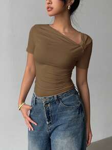 Siren Gaze Elegant Asymmetric Collar Short Sleeve T-Shirt, Summer New Design Slim Fit Casual Top For Women