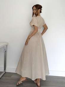 SHEIN Essnce Women's Elegant Beige Summer Vacation Long Dress, Comfortable Solid Color Waist Buckle Design Batwing Short Sleeve Pleated Casual Maxi Dress - Apricot - View 2