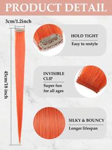 Colored Clip In Hair Extensions, Real Human Hair 3 Pcs 18 Inch, Orange Straight Highlight Hairpieces, Invisible Design, Colorful Rainbow Style, Soft Natural Texture, Ideal For Women & Girls Daily Styling, Party And Cosplay Occasions - SORANGE - View 2