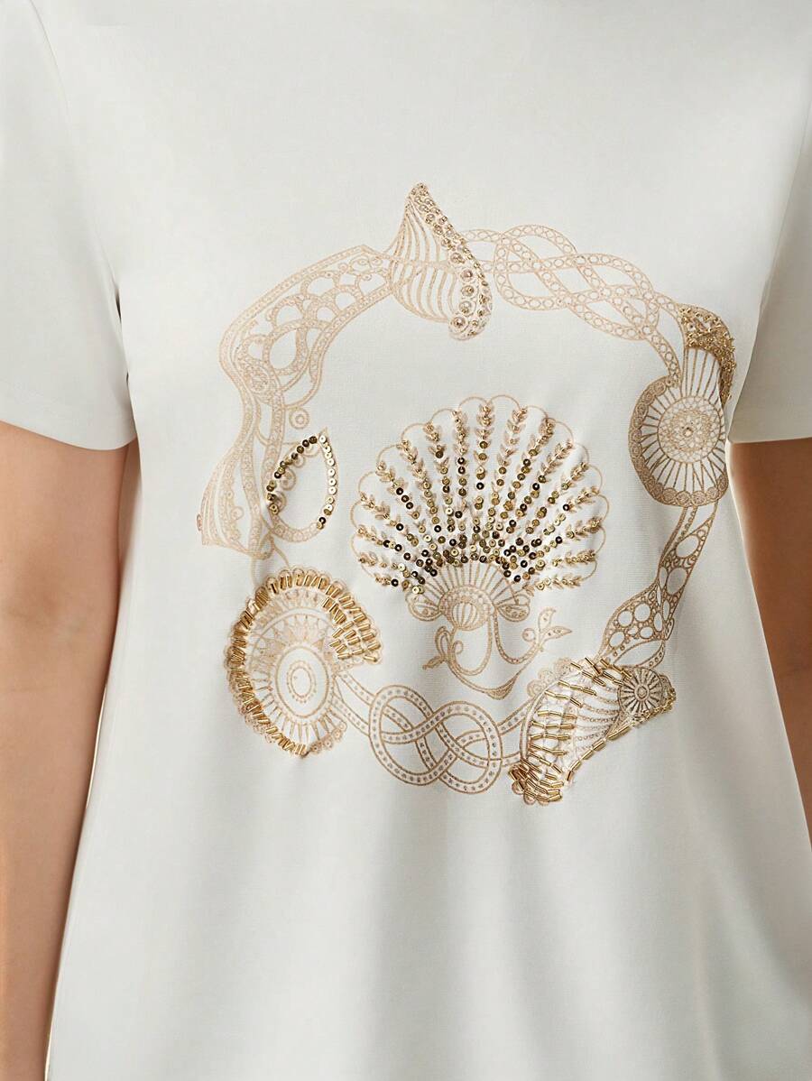 Anewsta Heavy Print Handmade Beaded Round Neck Versatile Regular Shoulder Short Sleeve T-Shirt - White - View 1