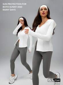 SHEIN PETITE Áo khoác trùm đầu nhẹ cổ khóa kéo màu trơn dành cho nữ, đồ thể thao - trắng - Xem 1