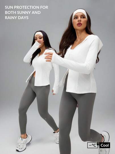 SHEIN PETITE 女士纯色拉链领轻便连帽夹克运动服