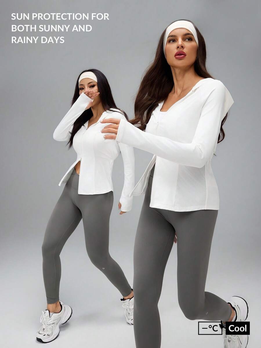 SHEIN PETITE Áo khoác trùm đầu nhẹ cổ khóa kéo màu trơn dành cho nữ, đồ thể thao - trắng - Xem 1