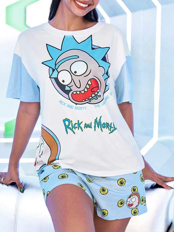 Rick and Morty X SHEIN Conjunto de top holgado y pantalones cortos de estilo holgado con gráfico de dibujos animados y eslogan, bloqueo de color, para uso casual de verano