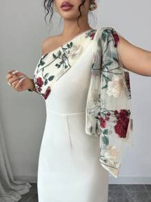 Rafferiza Sexy asymmetrisches Hals Spitze Patchwork Mesh figurbetontes Kleid mit Taillenziehung und Schlitz - Aprikosenfarben - Übersicht 4