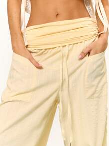 MUSERA Ruched Foldover Waist Pocket Detail Wide Leg Trousers Beach Cover Up Summer Vacation Holiday Festival Cute Casual Elegant Tuscan Sun