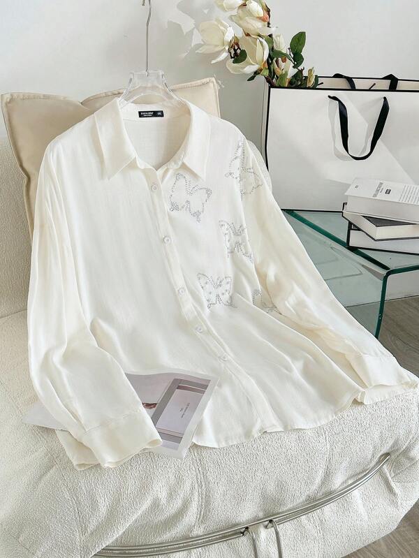 Modelyn Plus Size Women Elegant Rhinestone & Faux Pearl Button Decor Long Sleeve Blouse, Arab Style Top