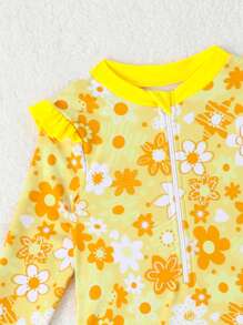 SHEIN 1pc Baby Girl Floral Print Half Zip One-Piece Swimsuit