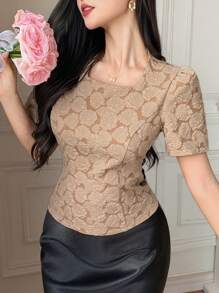 DAZY 优雅简约紧身泡泡袖女式衬衫，返校服装 - 卡其色 - 查看 6