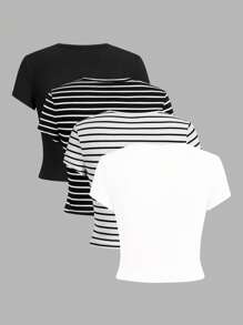 SHEIN EZwear 4 件套休闲简约熊复古汽车印花黑白条纹圆领短袖短款紧身 T 恤，百搭女士夏季服装 - 黑與白 - 查看 2