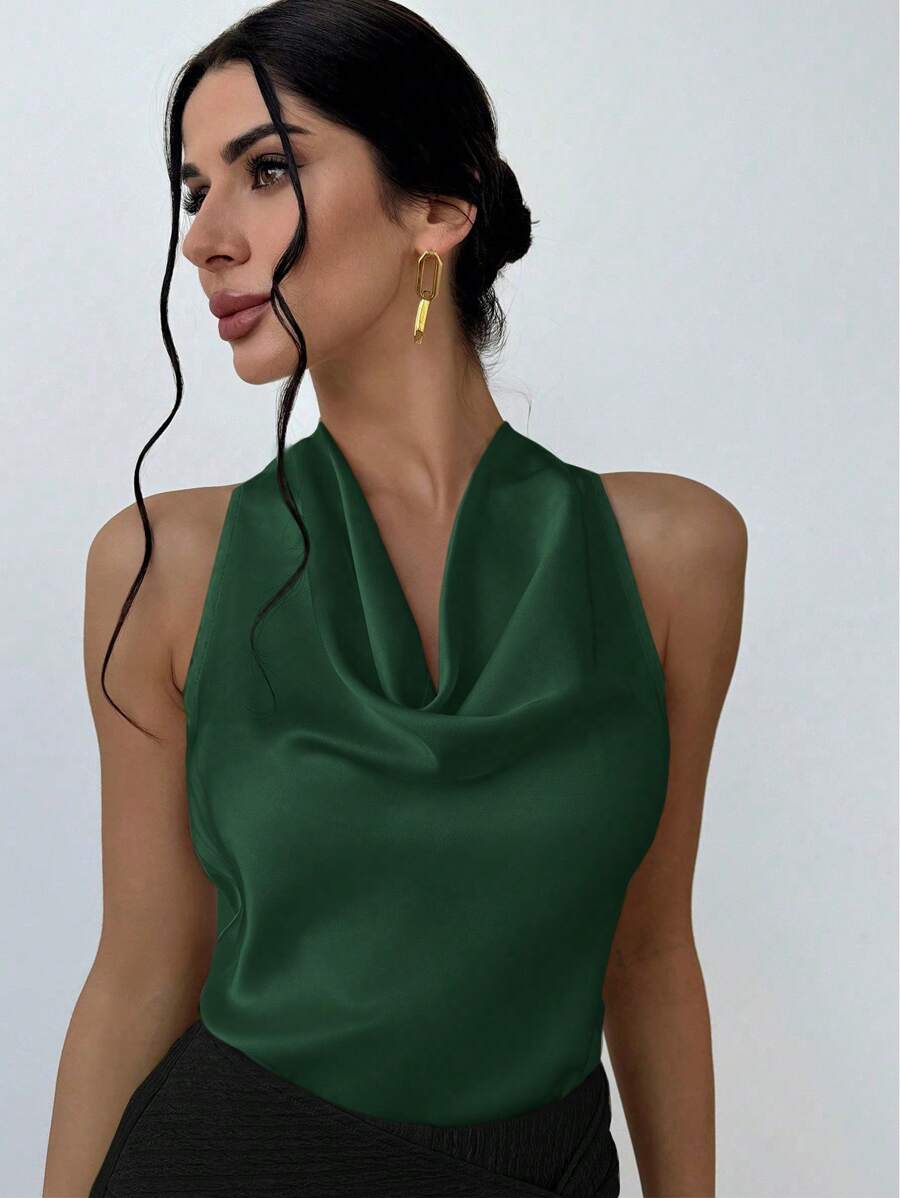 Firerie 杏色系带领简约优雅女式衬衫 - 墨綠色 - 查看 1