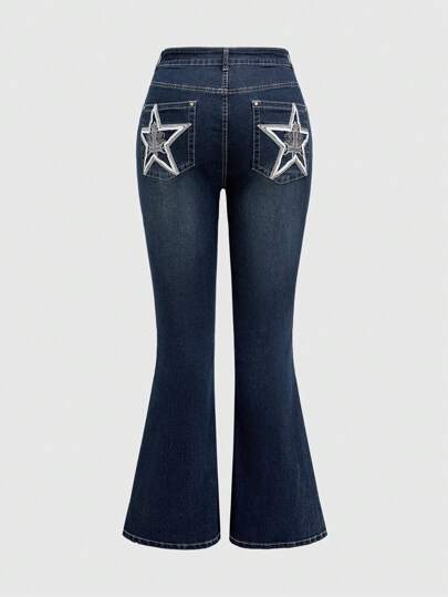 Grunge Punk Y2K-Stil bestickter Sternen Vintage Schlagjeans